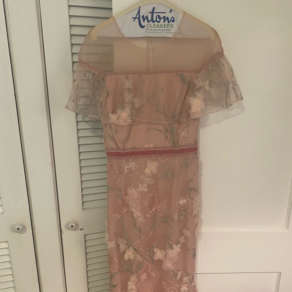 Blush pink Marchesa Notte midi dress with embroidery and appliqué flowers